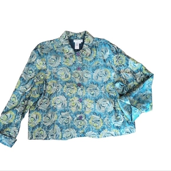 Green/blue Floral Sequin brocade sequins mermaid unique artsy Blazer sz L - Picture 9 of 12